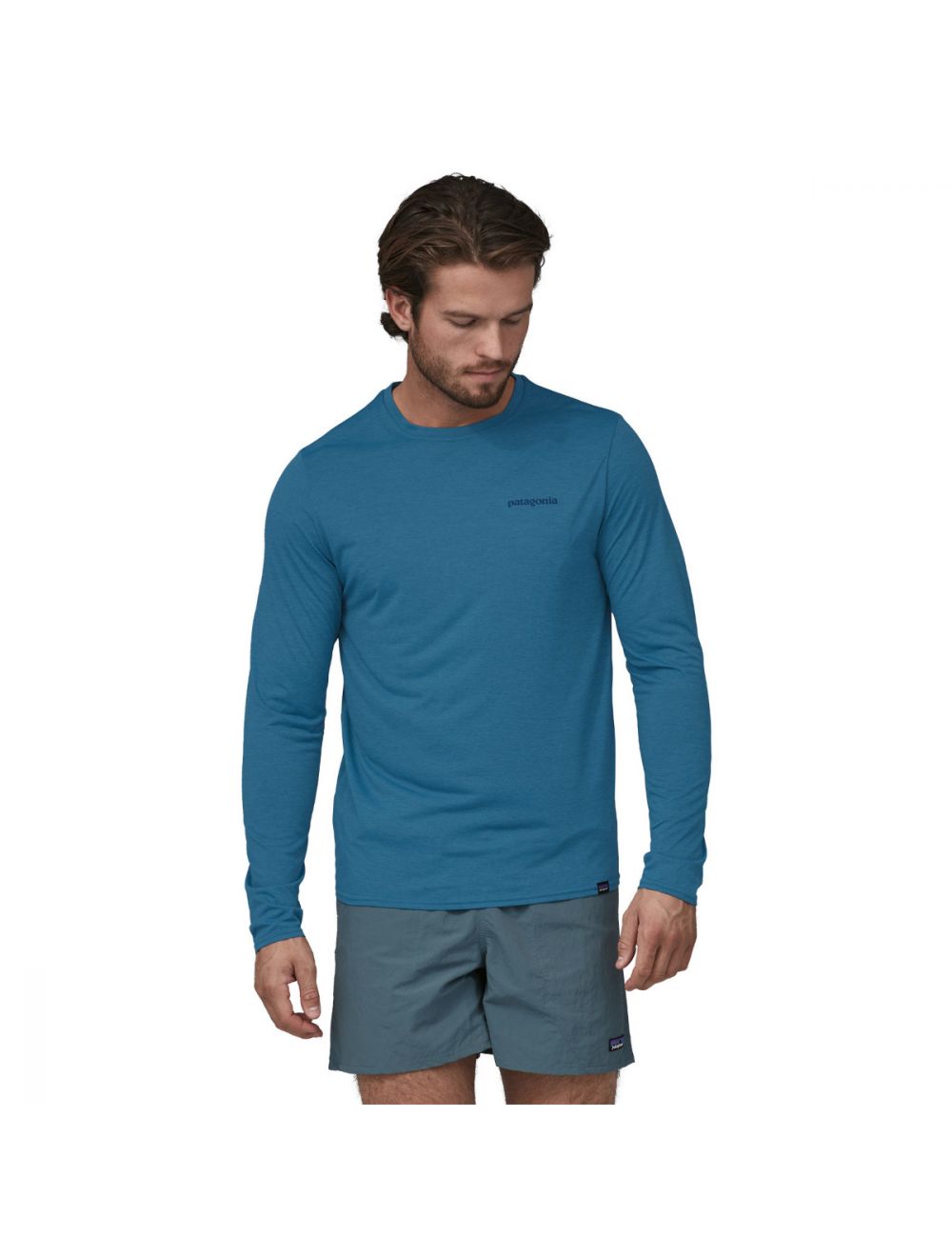PATAGONIA Koszulka męska M'S L/S CAP COOL DAILY GRAPHIC SHIRT WATERS Boardshort Logo: Wavy Blue X-Dye